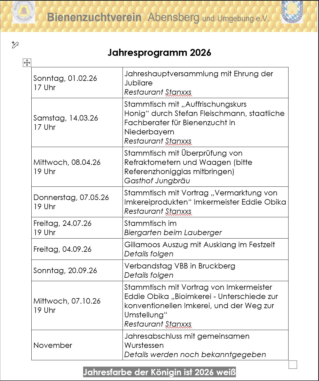 Jahresprogramm 2026